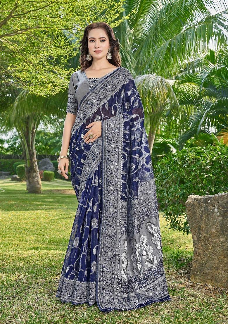 Blue Abstract Print Cotton Silk Saree Set