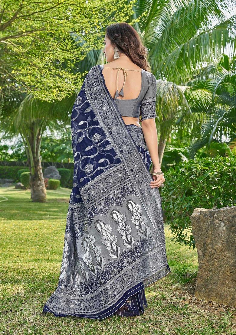 Blue Abstract Print Cotton Silk Saree Set