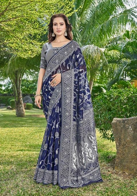 Blue Abstract Print Cotton Silk Saree Set
