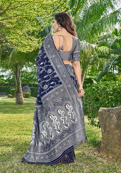 Blue Abstract Print Cotton Silk Saree Set
