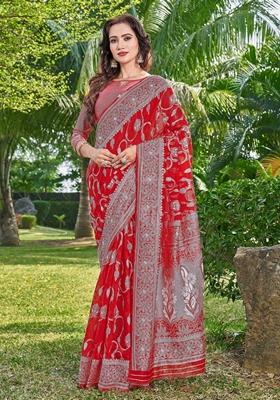 Red Abstract Print Cotton Silk Saree Set