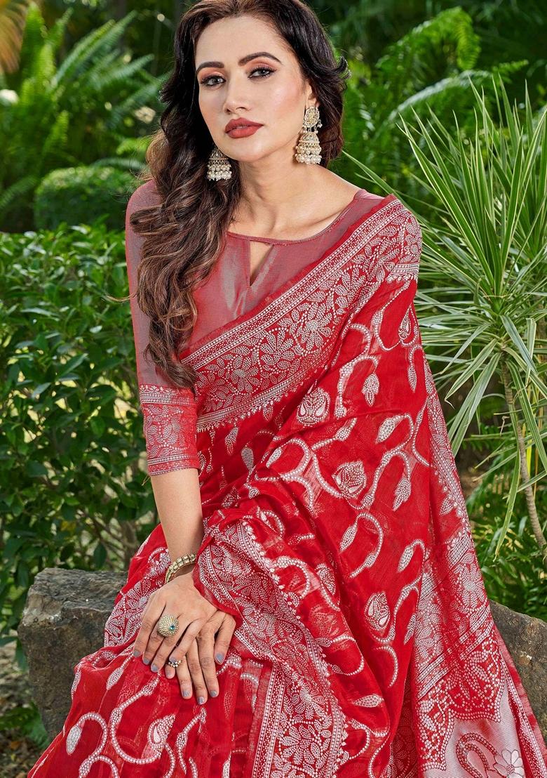 Red Abstract Print Cotton Silk Saree Set