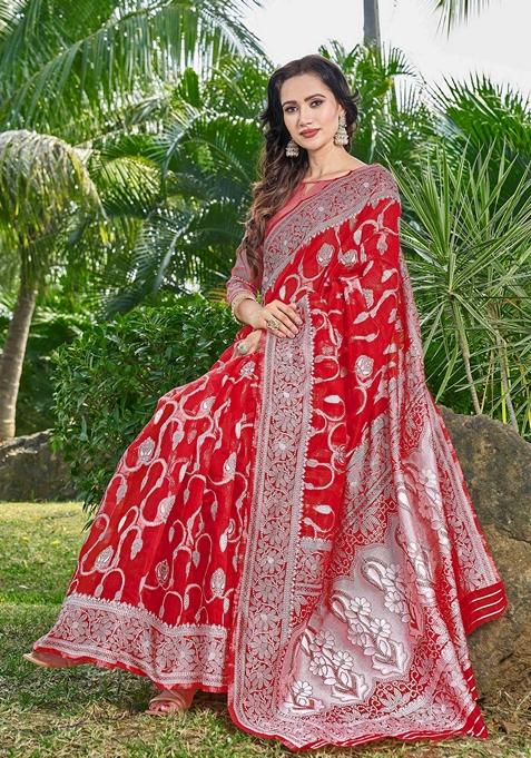 Red Abstract Print Cotton Silk Saree Set