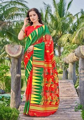 Red Abstract Print Cotton Silk Saree Set