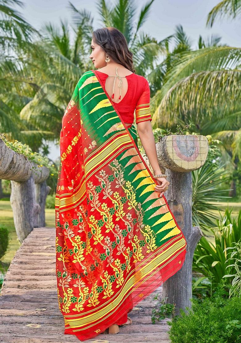 Red Abstract Print Cotton Silk Saree Set