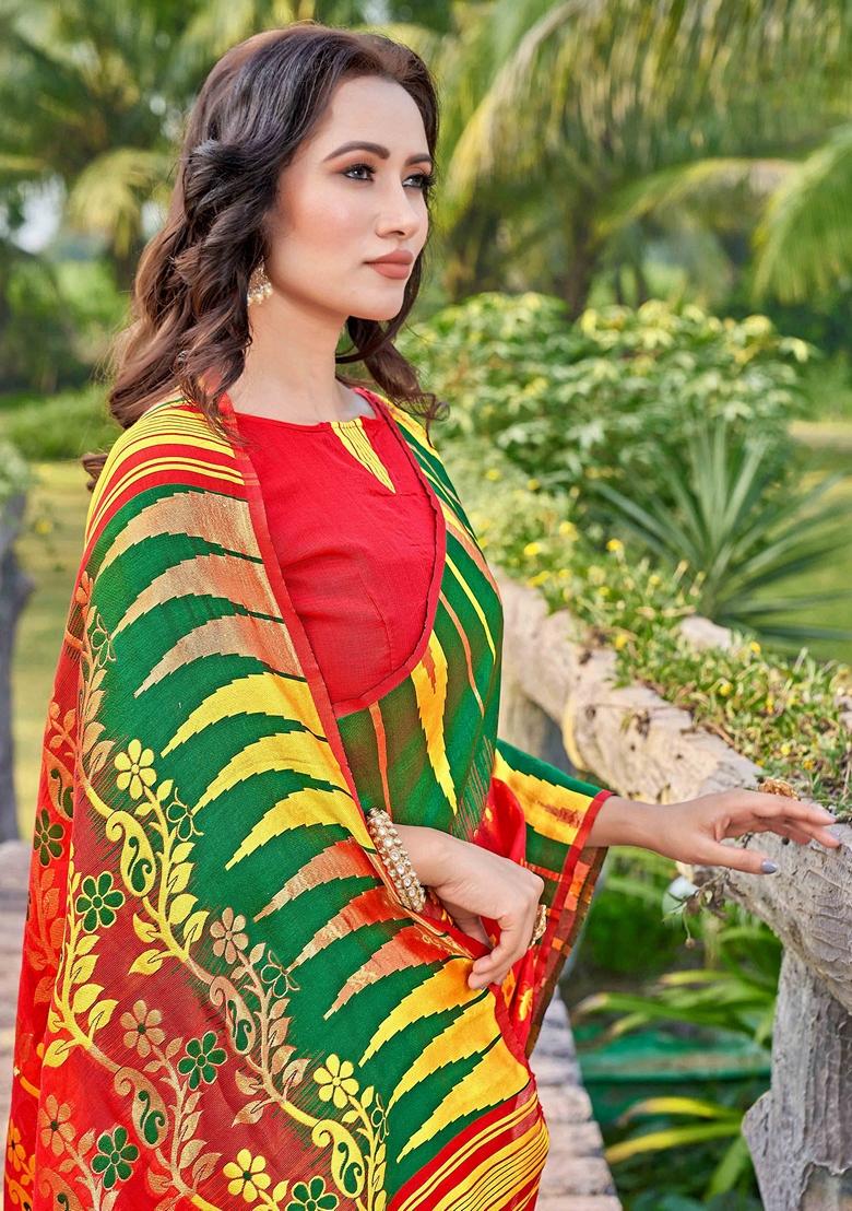 Red Abstract Print Cotton Silk Saree Set