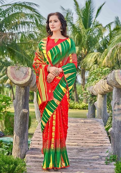 Red Abstract Print Cotton Silk Saree Set