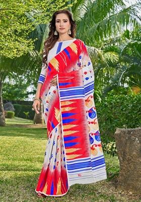 White Abstract Print Cotton Silk Saree Set