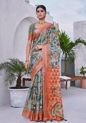 Green Floral Print Linen Saree Set