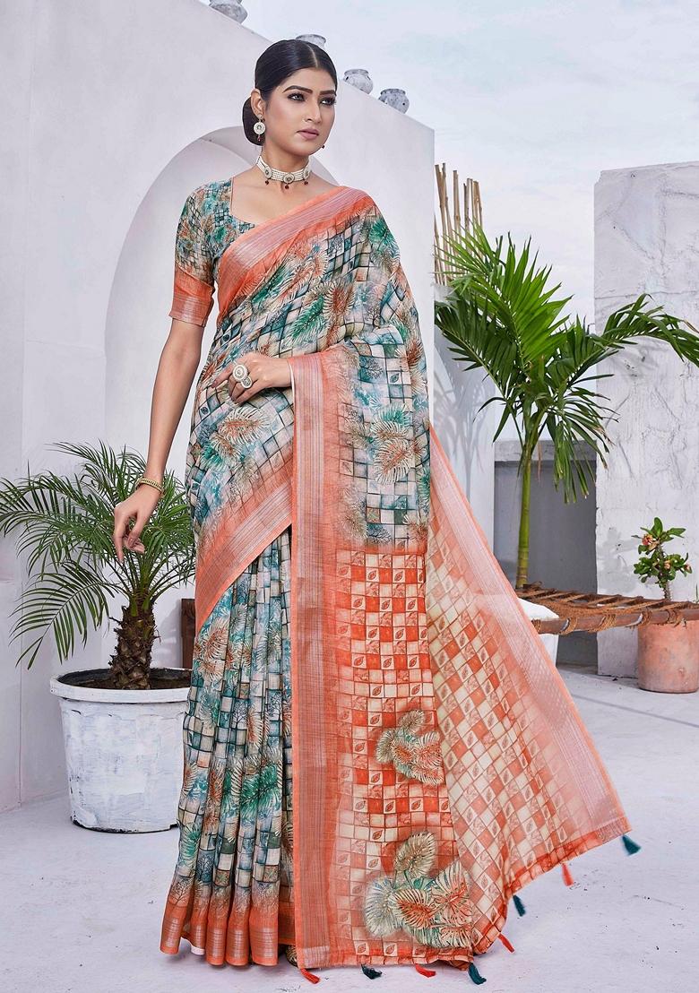 Green Floral Print Linen Saree Set