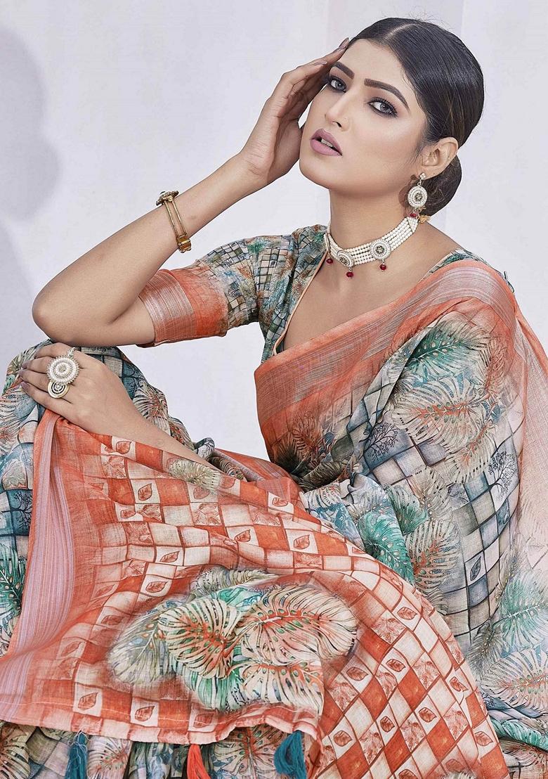 Green Floral Print Linen Saree Set