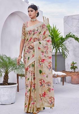 Beige Floral Print Linen Saree Set