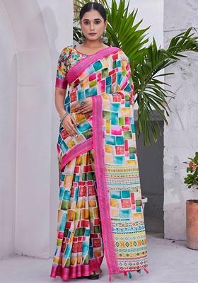 Pink Floral Print Linen Saree Set