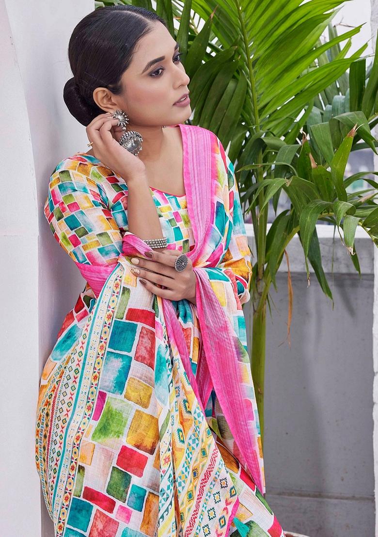 Pink Floral Print Linen Saree Set