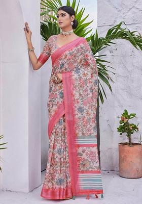 Off White Floral Print Linen Saree Set