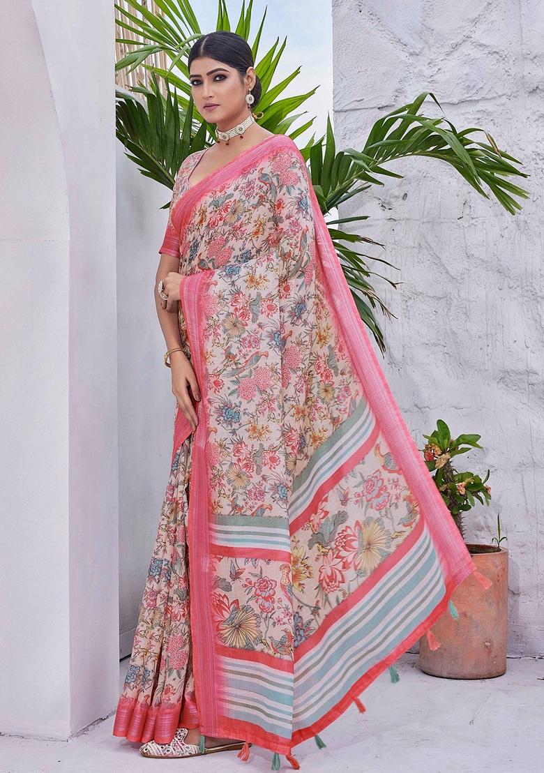 Off White Floral Print Linen Saree Set
