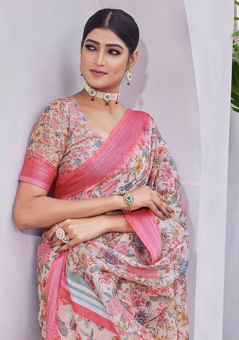 Off White Floral Print Linen Saree Set