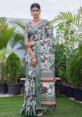 Off White Floral Print Linen Saree Set