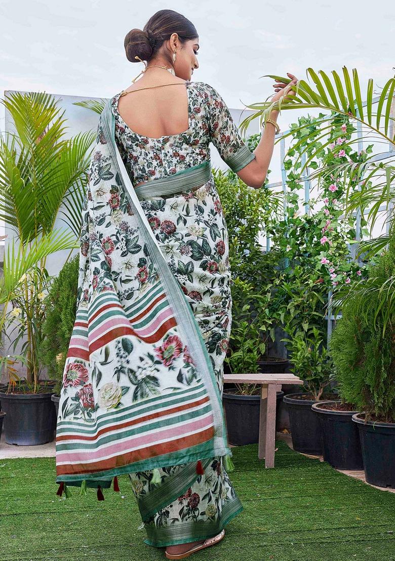 Off White Floral Print Linen Saree Set