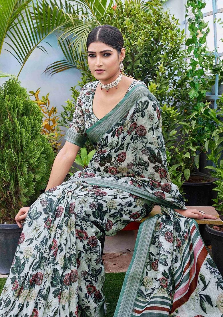 Off White Floral Print Linen Saree Set