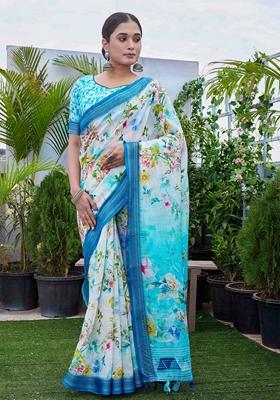 Blue Floral Print Linen Saree Set