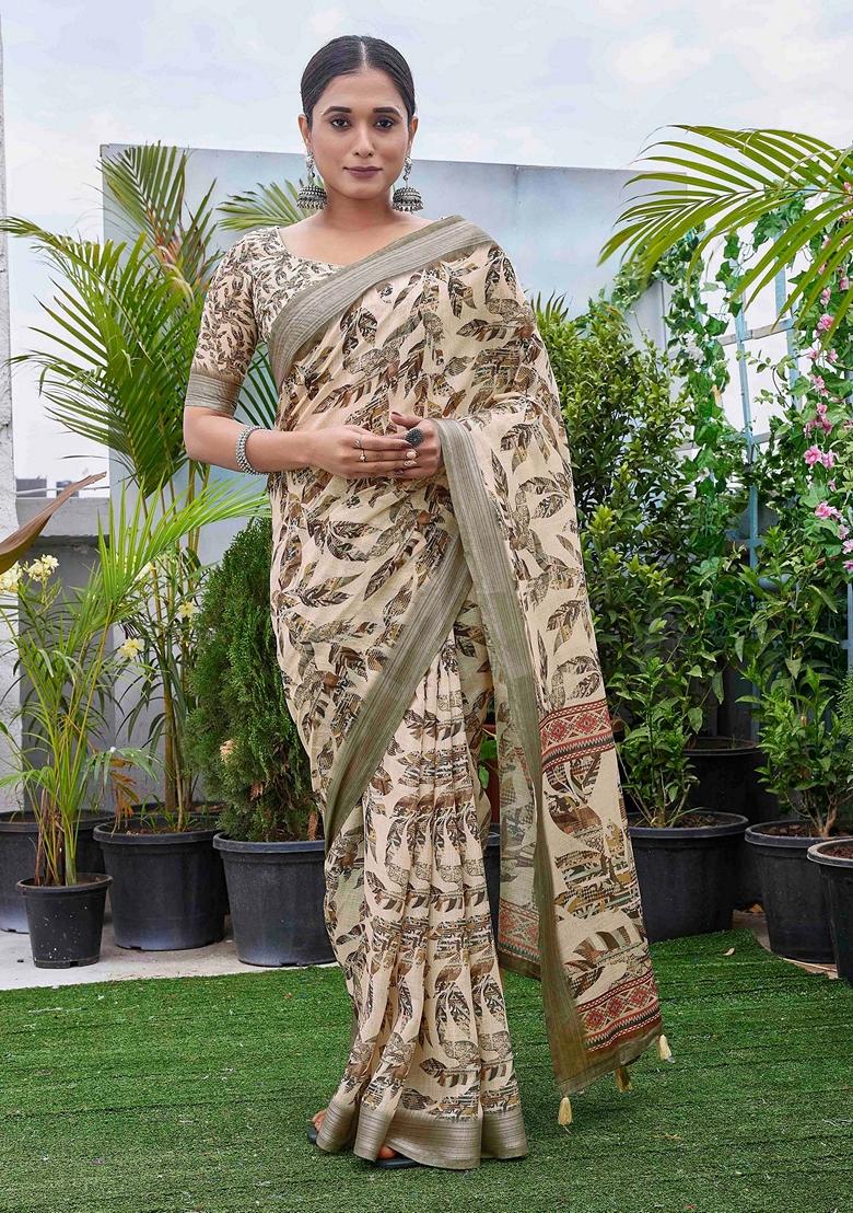 Cream Floral Print Linen Saree Set