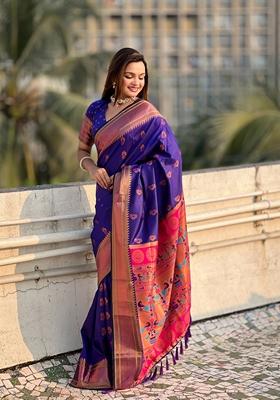 Violet Zari Woven Silk Saree Set