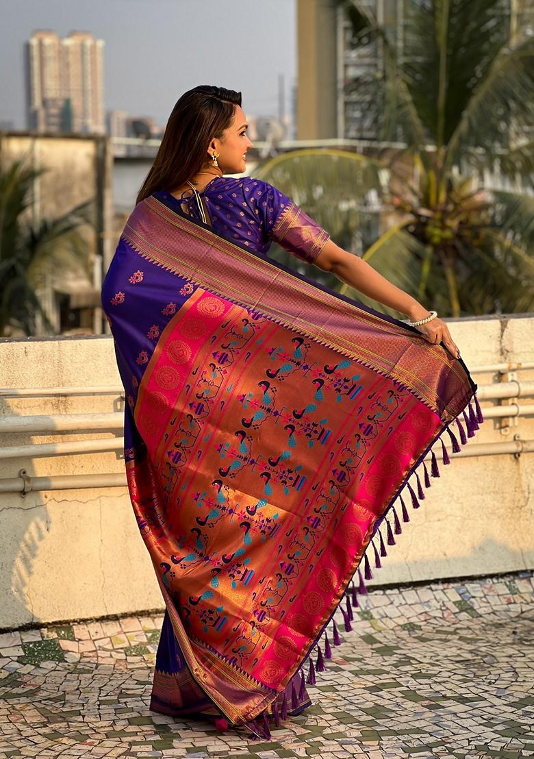 Violet Zari Woven Silk Saree Set
