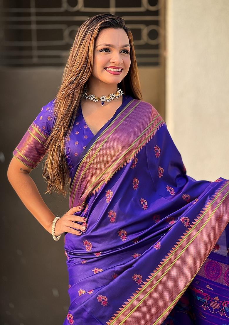 Violet Zari Woven Silk Saree Set