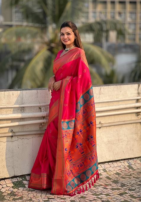 Pink Zari Woven Silk Saree Set