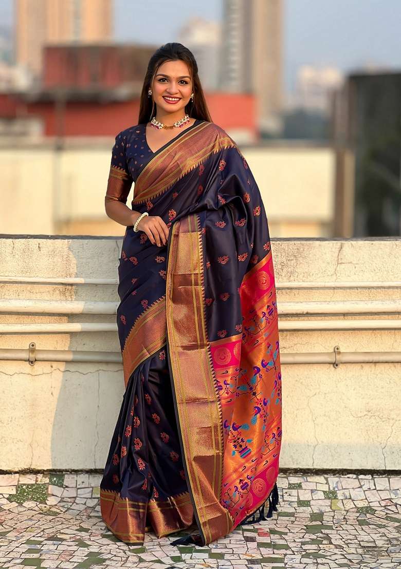 Navy Blue Zari Woven Silk Saree Set - Indya