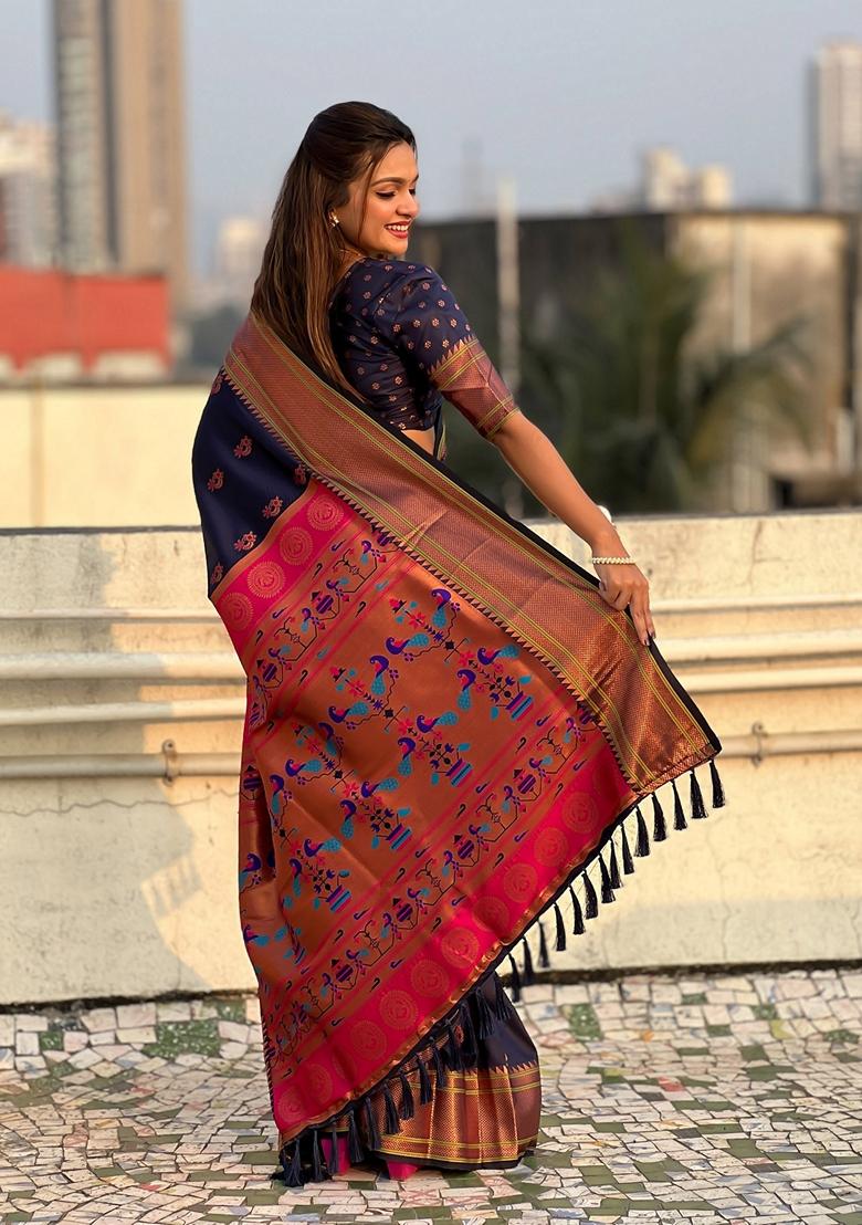 Navy Blue Zari Woven Silk Saree Set