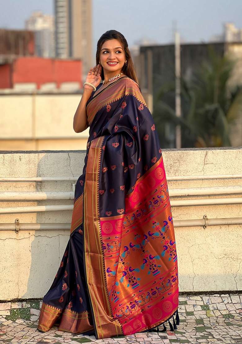Navy Blue Zari Woven Silk Saree Set - Indya