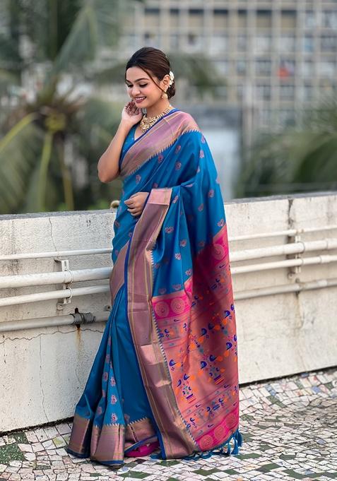 Sky Blue Zari Woven Silk Saree Set