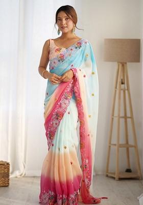 Sky Blue Resham Embroidered Georgette Saree Set