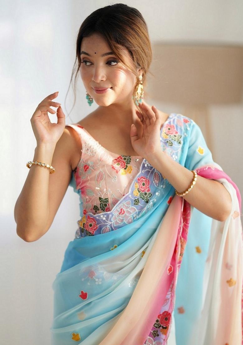 Sky Blue Resham Embroidered Georgette Saree Set