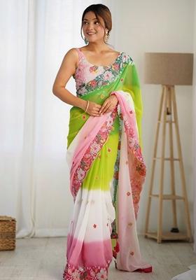 Green Resham Embroidered Georgette Saree Set