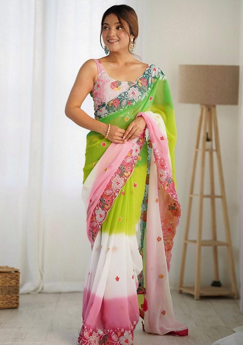 Green Resham Embroidered Georgette Saree Set