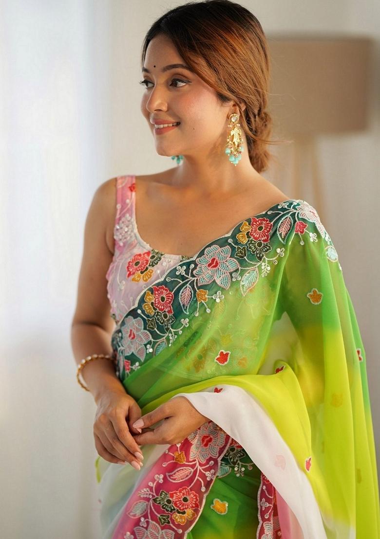 Green Resham Embroidered Georgette Saree Set