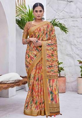 Mustard Floral Print Linen Saree Set