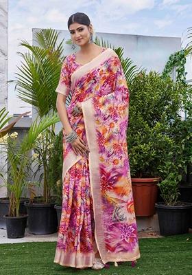 Purple Floral Print Linen Saree Set