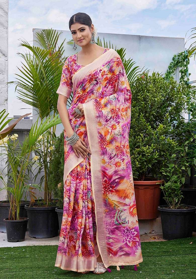 Purple Floral Print Linen Saree Set - Indya