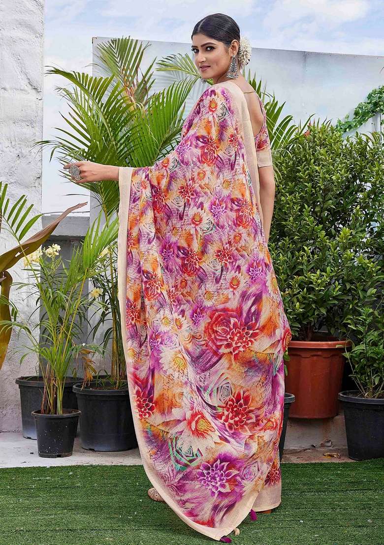 Purple Floral Print Linen Saree Set - Indya
