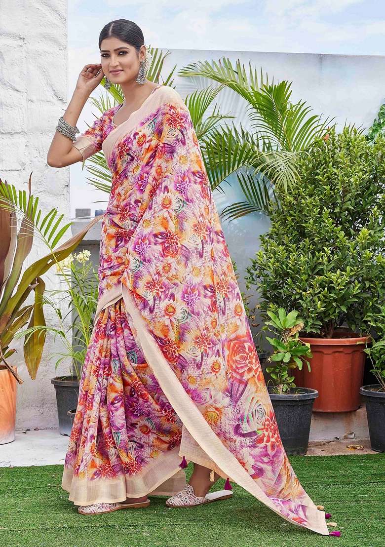 Purple Floral Print Linen Saree Set - Indya
