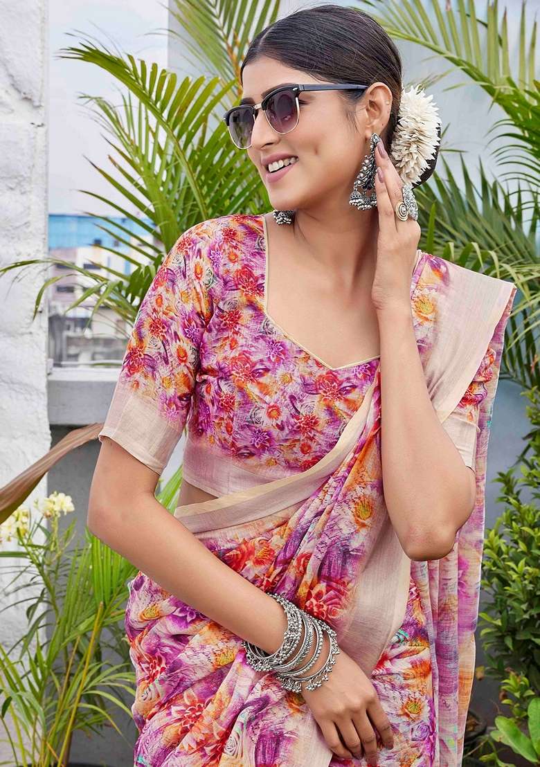 Purple Floral Print Linen Saree Set - Indya