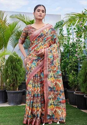 Multicolor Floral Print Linen Saree Set