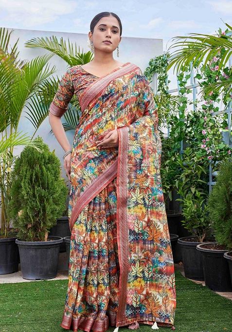 Multicolor Floral Print Linen Saree Set