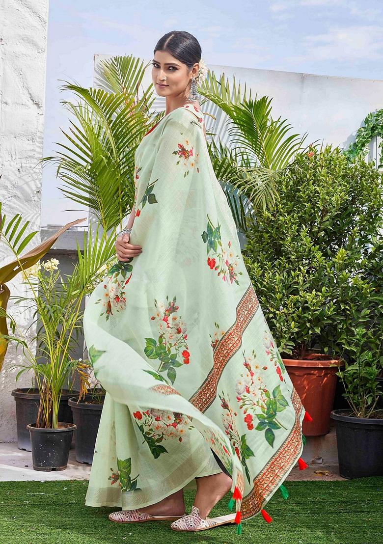 Green Floral Print Linen Saree Set