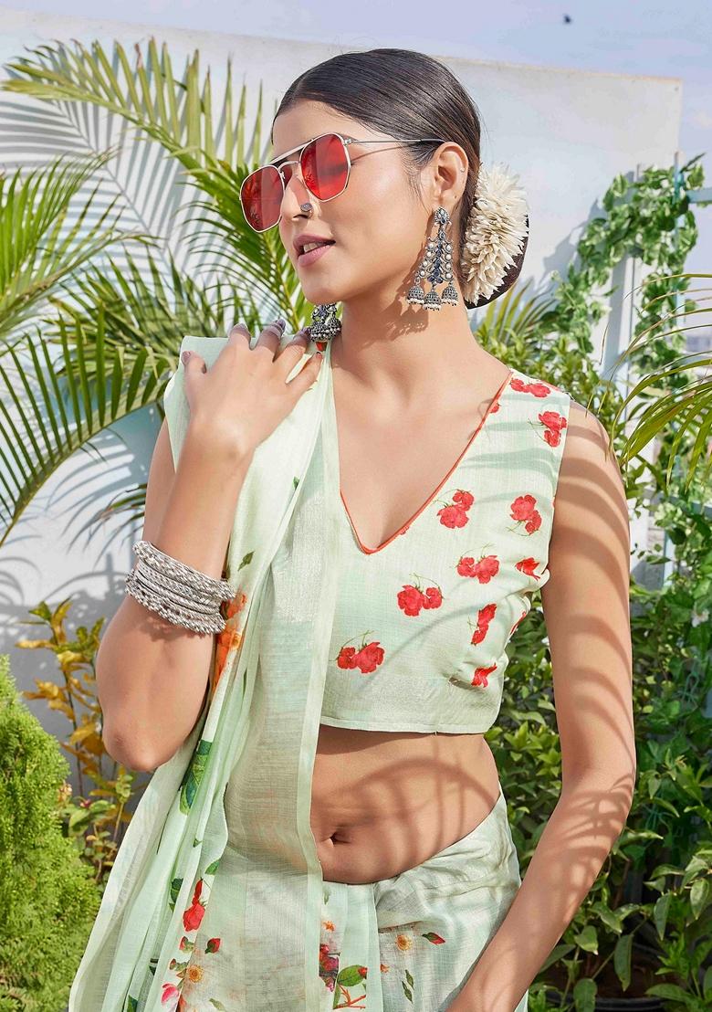 Green Floral Print Linen Saree Set