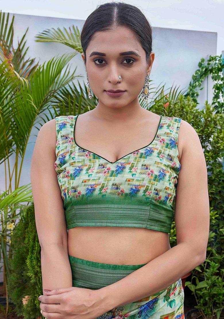 Green Floral Print Linen Saree Set - Indya